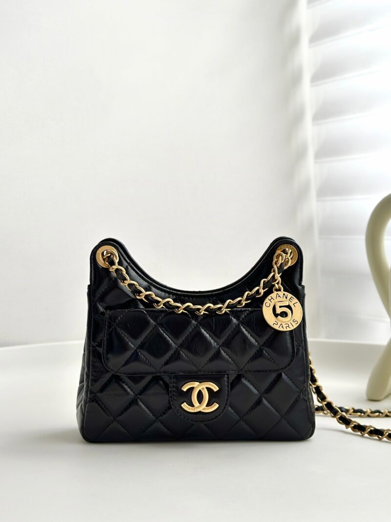 Chanel Black Shiny Small Hobo Bag Replica